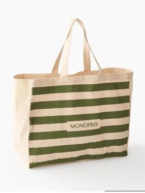 Monoprix Paris green and cream striped natural cotton French tote
